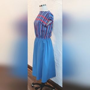 Vintage 70s geometric striped, A-line, slip on midi dress. Strait Lane. Size 10